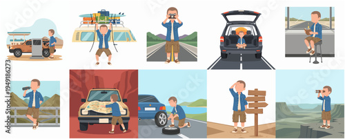 Detailed Flat Illustration of Man on Road Trip and Adventure Activities