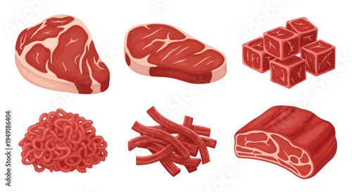 Raw Meat Cuts Vector Illustration - Food Industry Flat Style