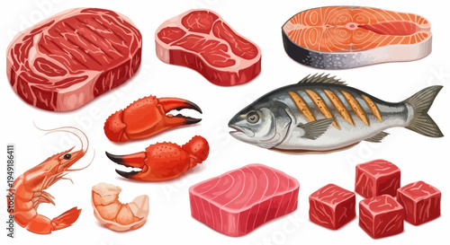 Delicious Raw Seafood and Meat Variety, Realistic Illustration