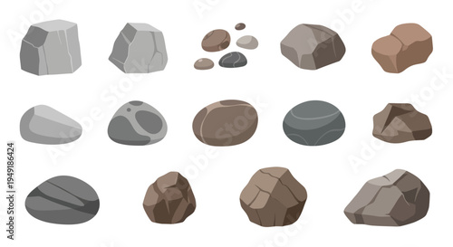 Flat Design Vector Set of Various Rocks and Stones