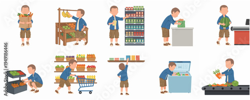 Flat Illustration Boy Shopping Various Foods at Supermarket Grocery Store