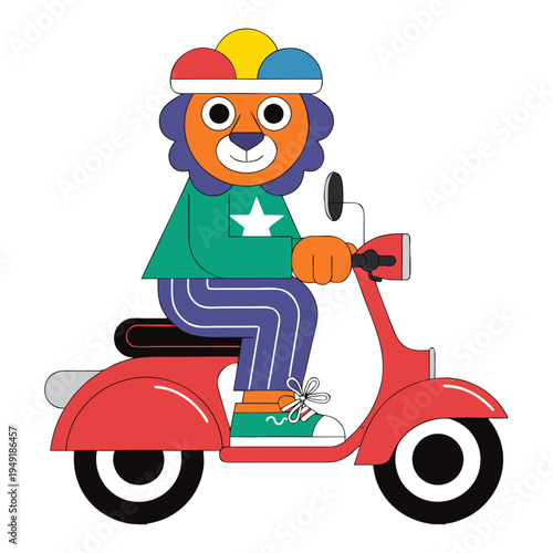 A vibrant, geometric illustration of a stylish lion character confidently riding a classic red scooter. The design uses bold primary colors and clean lines to create a playful, modern aesthetic.