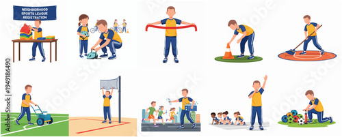 Colorful Detailed Illustration of Sports Day Volunteer Activities Cartoon Set