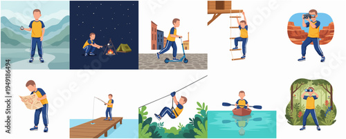 Flat Design Young Boy Outdoor Activity Illustration Set Diverse Scene