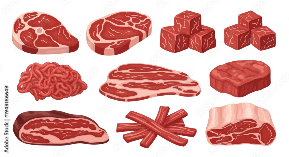 Fototapeta premium Assorted Raw Meat Cuts - Steaks, Ground, Cubed, Ribs - Flat Vector Art