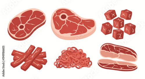 Flat Vector Illustration of Raw Meat Cuts: Steaks, Cubes, Ground, Bacon