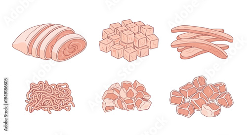 Various cuts of raw meat, sliced, diced, minced, and julienned, illustration