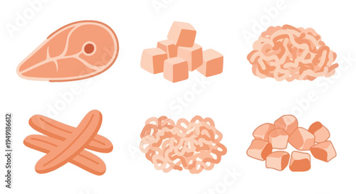 Flat Icons Set: Raw Meat Cuts, Diced, Ground, and Sausage