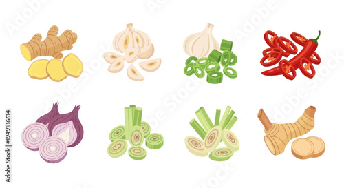 Flat Design Vector Set of Asian Cooking Spices: Ginger, Garlic, Chili, Onion