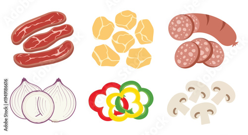 Flat Design Food Ingredients: Meat, Sausage, Onion, Pepper, Mushroom, Potato