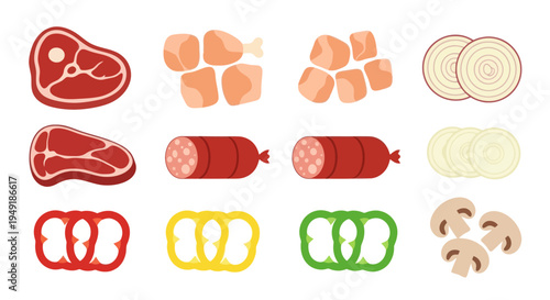 Flat Design Vector Icons of Food Ingredients for Cooking