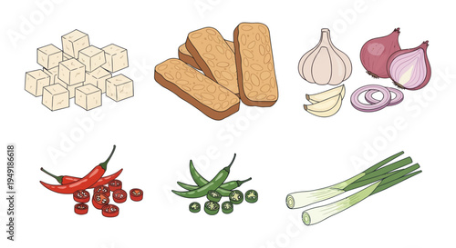Assortment of Asian Food Ingredients: Tofu, Tempeh, Chilies, Garlic, Onion, Scallions