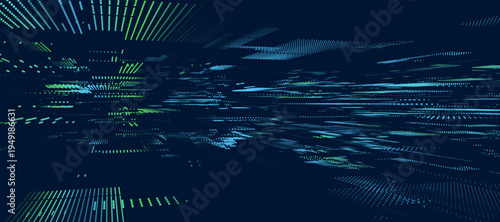 A futuristic vector background with a digital pixel matrix pattern on a blue background. Data flow or a futuristic map of a technological network. Dynamic particles of digital data penetrate