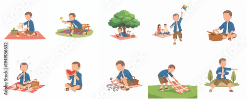 Flat Illustration Boy Enjoying Outdoor Activities at Picnic Time Collection