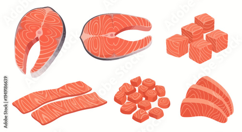 Salmon Slices, Cubes, and Steaks Flat Design Vector Illustration