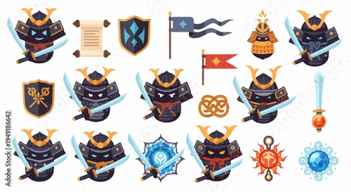 Japanese Samurai Warrior Icons Set Flat Vector Art Style