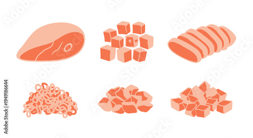 Flat Vector Set of Raw Salmon Cuts - Food Preparation, Cooking