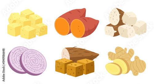 Flat Illustration of Diced Sweet Potato, Onion, Yam, and Ginger
