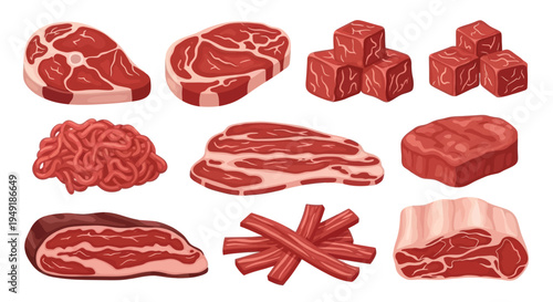 Assorted Raw Meat Cuts - Steaks, Ground, Cubed, Ribs - Flat Vector Art