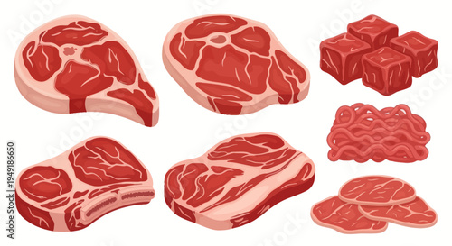 Raw meat cuts, cubes, and ground beef, realistic vector illustration