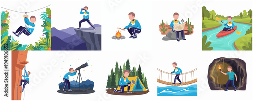 Colorful Flat Style Adventure Outdoor Activity Set Illustration