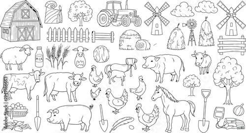 A collection of farm animals and rural scenery illustrations isolated on transparent background