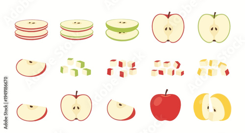 Various Sliced Apples and Whole Apples, Flat Vector Illustration