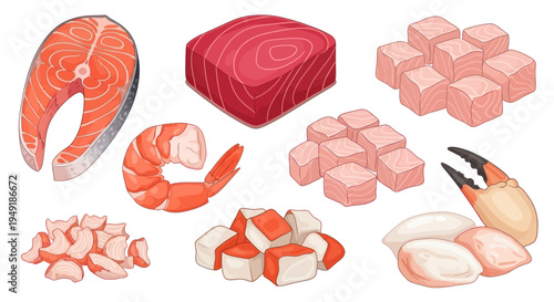Seafood, Fish, Shrimp, Crab, Food Ingredients, Vector Illustration