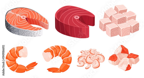 Vector Food Icons: Salmon, Tuna, Cubes, Shrimp, Scallops, Cod