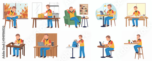 Flat Illustration of a Student Study and Learning in Different Situation Set