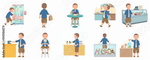 Simple Flat Illustration Various Activity of Boy in Restaurant or Cafe