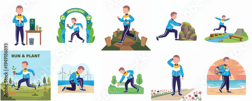 Diverse Flat Illustration Set of Man Running and Planting Tree