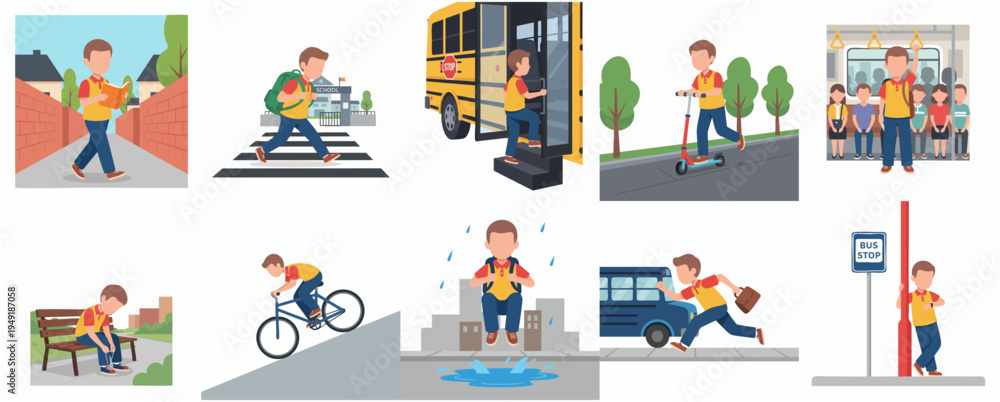 Obraz premium Flat Style Illustration Set Of Boy Daily Transportation to School Activity