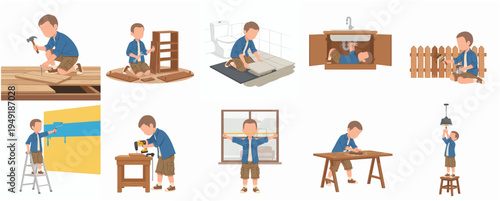 Flat Illustration Handyman Various Home Improvement Project and Maintenance Process