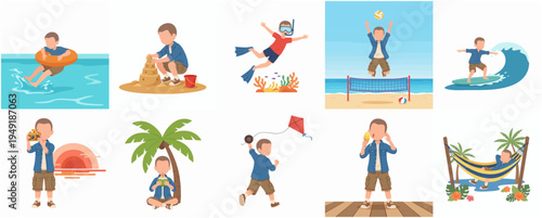 Playful Cartoon Boy Enjoying Summer Activities and Vacation Time Illustration Set
