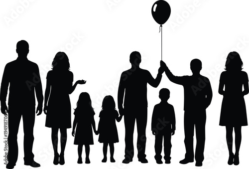 Black silhouette people vector illustration showing diverse group of adults and children standing together with balloon, family, community, and celebration concept