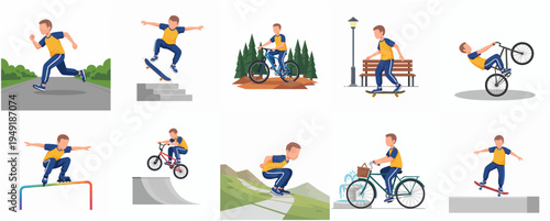 Cartoon Style Young Man Doing Different Sports Activity Illustration Set