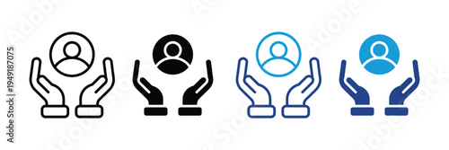 Hands holding user avatar icon set. Customer care, personal data protection, and human resource support symbols. Vector Illustration.