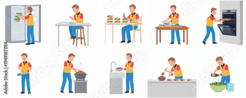 Flat Illustration Man Preparing Food with Cooking Process Steps Icon Set