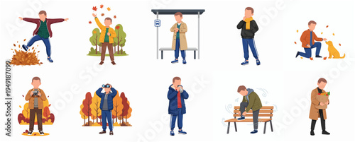 Flat Style Diverse Men Doing Different Activities in Autumn Season Illustration