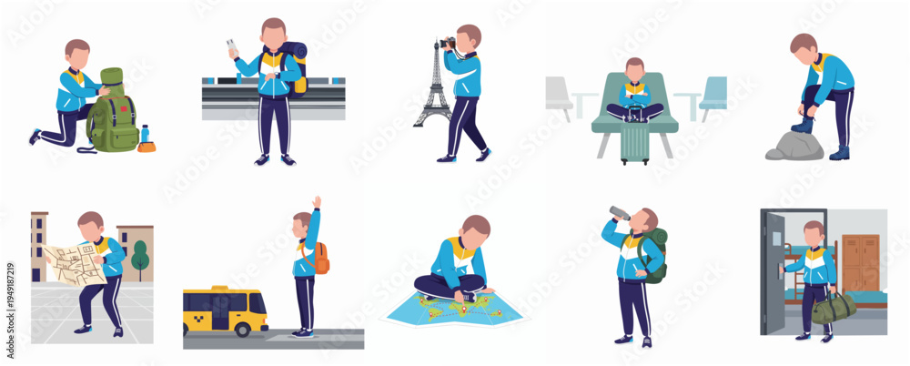 Fototapeta premium Flat Style Detailed Traveler Activities and Destination Landmarks Character Illustration Set