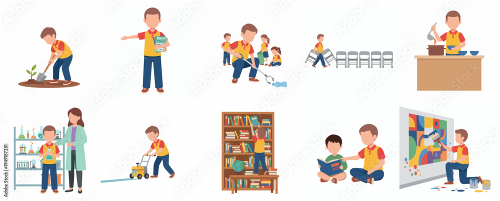 Fototapeta premium Flat Illustration Cute Little Boy Learning Different Activities for Early Education