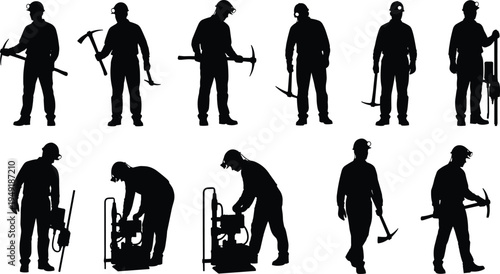 Black silhouette miners vector illustration showing workers with helmets and tools including pickaxe, jackhammer, machinery, underground labor, and mining profession concept artwork