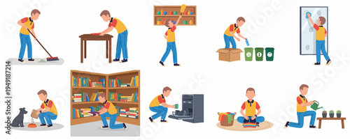 Flat Illustration of Various Home Cleaning and Maintenance Activities by a Young Man