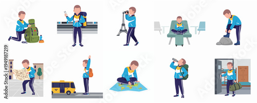 Flat Style Detailed Traveler Activities and Destination Landmarks Character Illustration Set