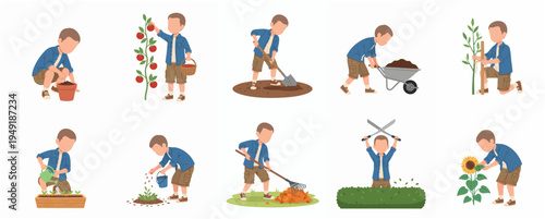Flat Design Little Boy Gardening Activities and Tool Set Illustration
