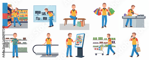 Flat Design Style Man Shopping in Retail Store and Supermarket Illustration