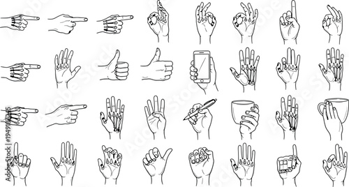 A collection of various hand gestures isolated on transparent background