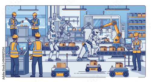 Factory workers and robots collaborate on assembly line production.