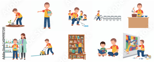 Flat Illustration Cute Little Boy Learning Different Activities for Early Education